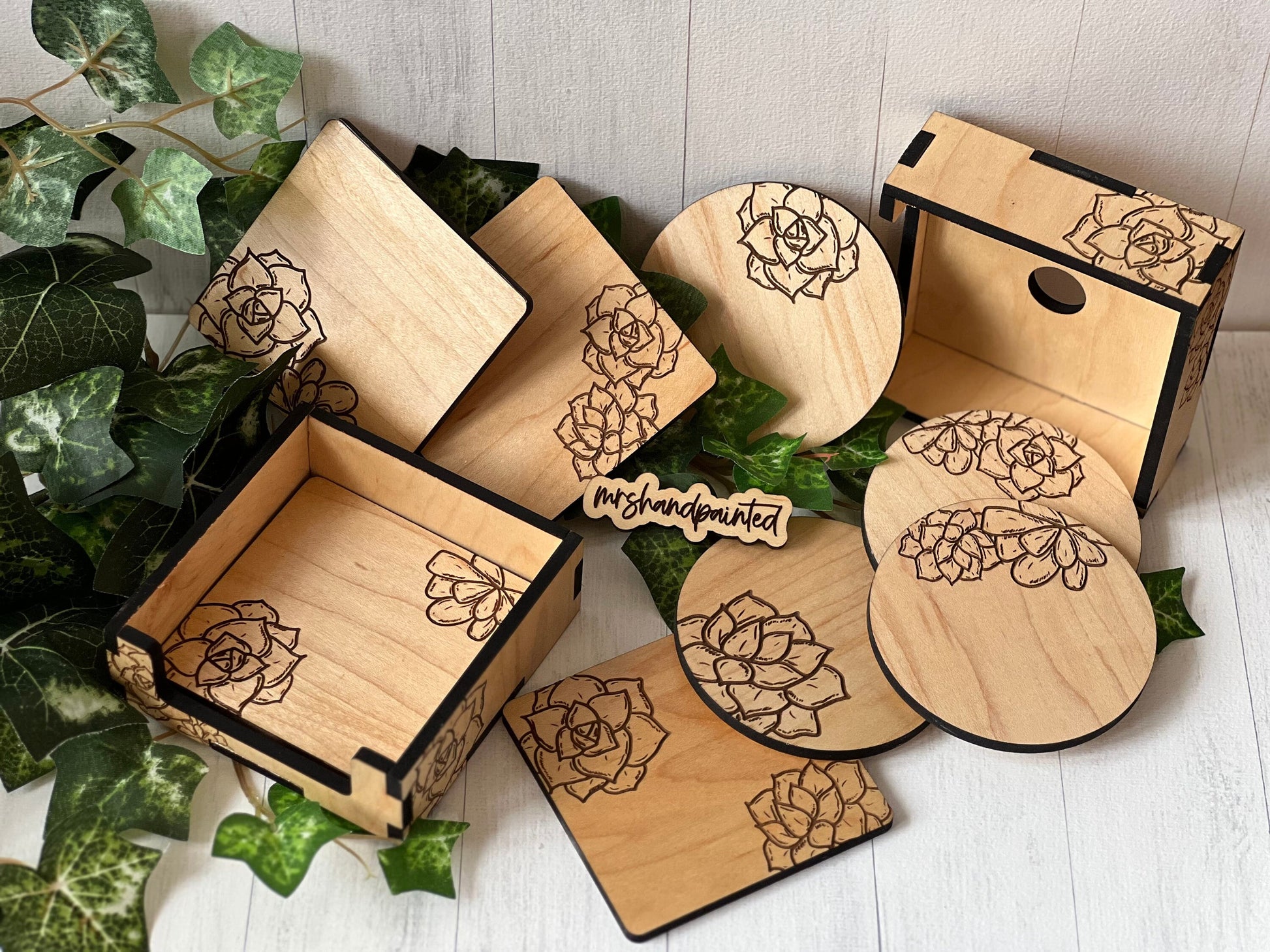 Wood Coaster Set - Laser Engraved Succulents Design