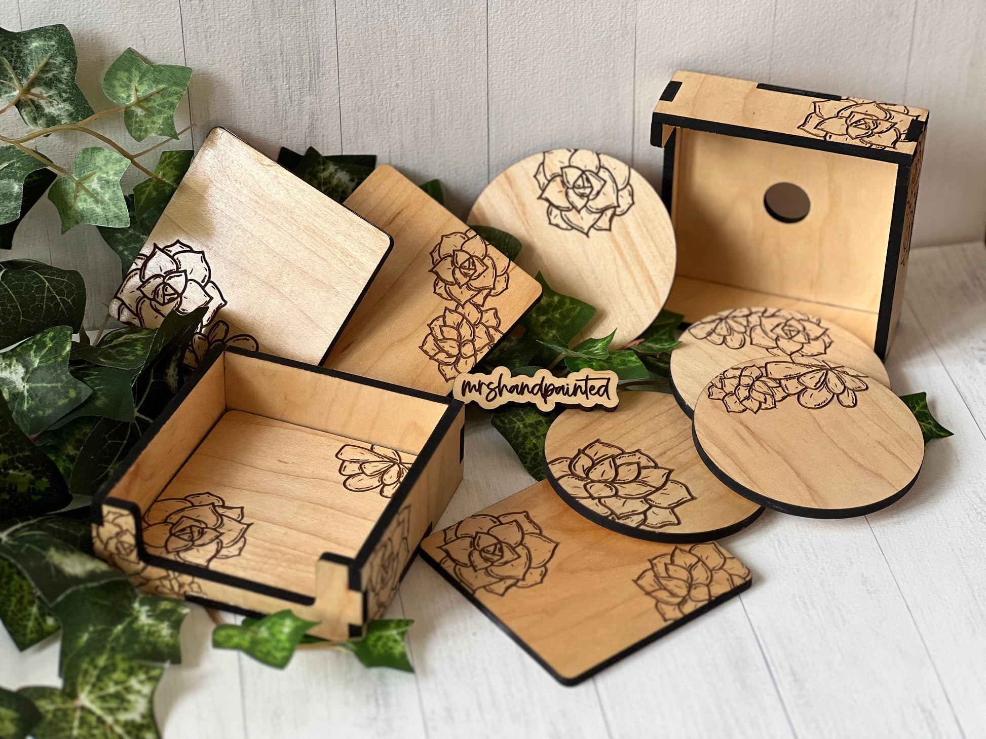 Wood Coaster Set - Laser Engraved Succulents Design