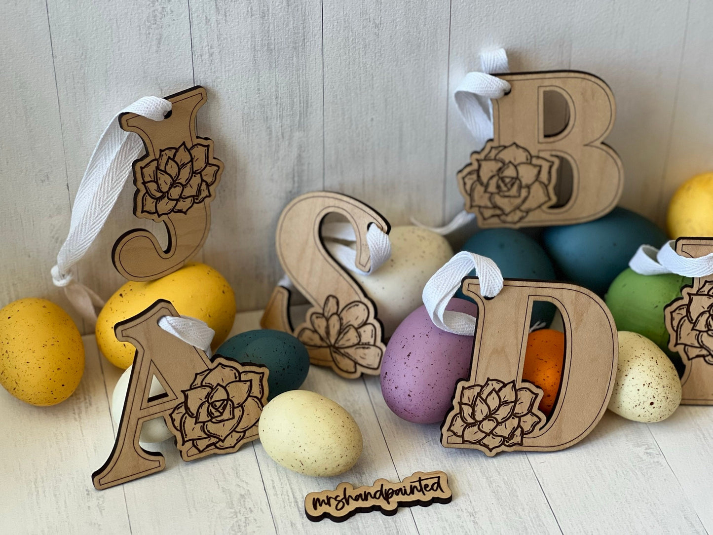 Succulents Engraved Initial Letter Hanging Tag - Easter Basket Tag