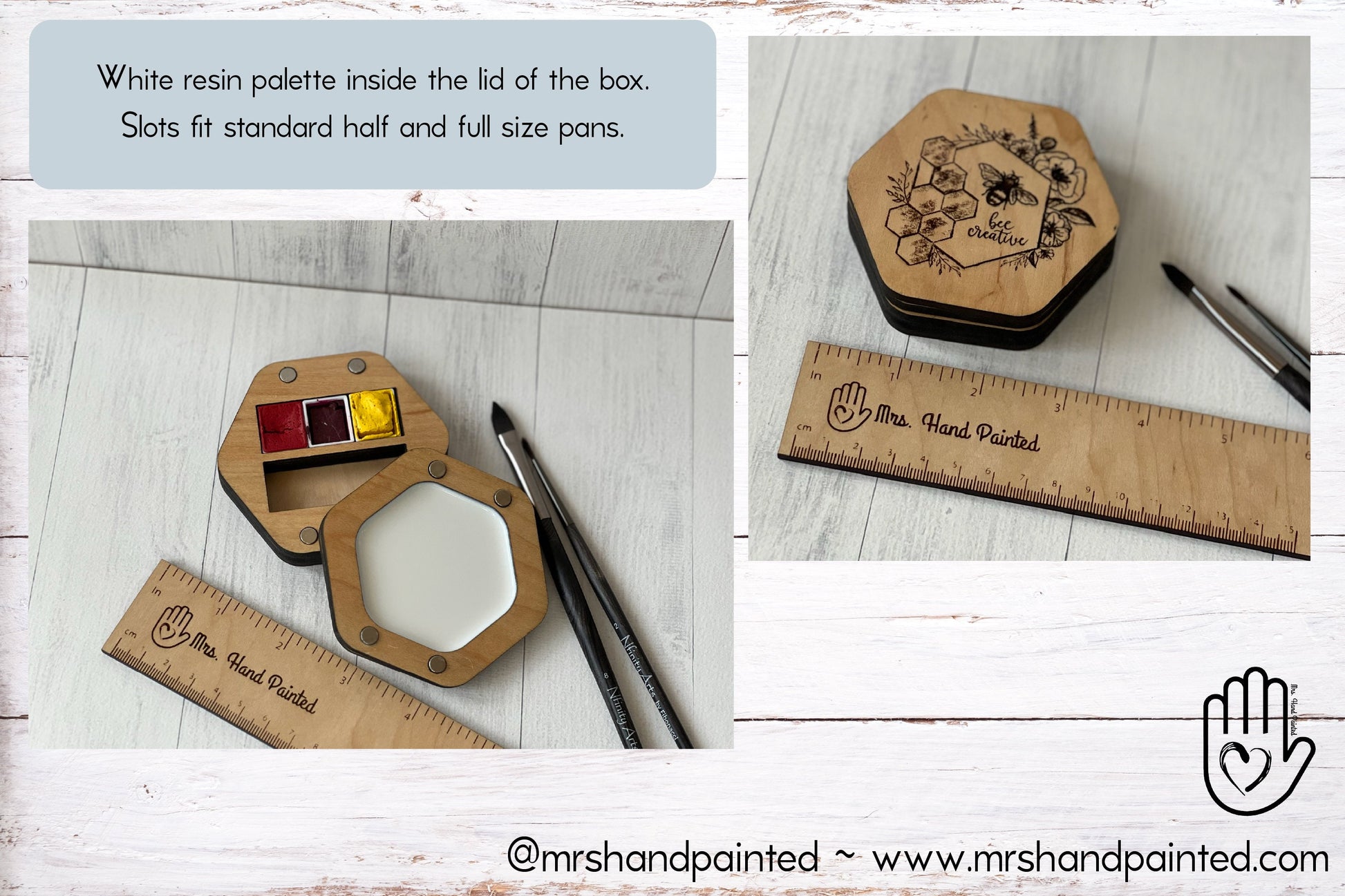 Mini Hexagon Wood Watercolor Palette - Custom Engraved with Hand Drawn Bee and Floral Design