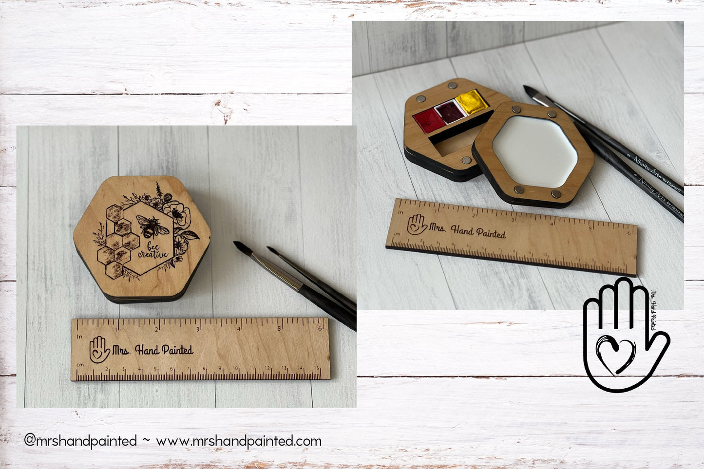 Mini Hexagon Wood Watercolor Palette - Custom Engraved with Hand Drawn Bee and Floral Design