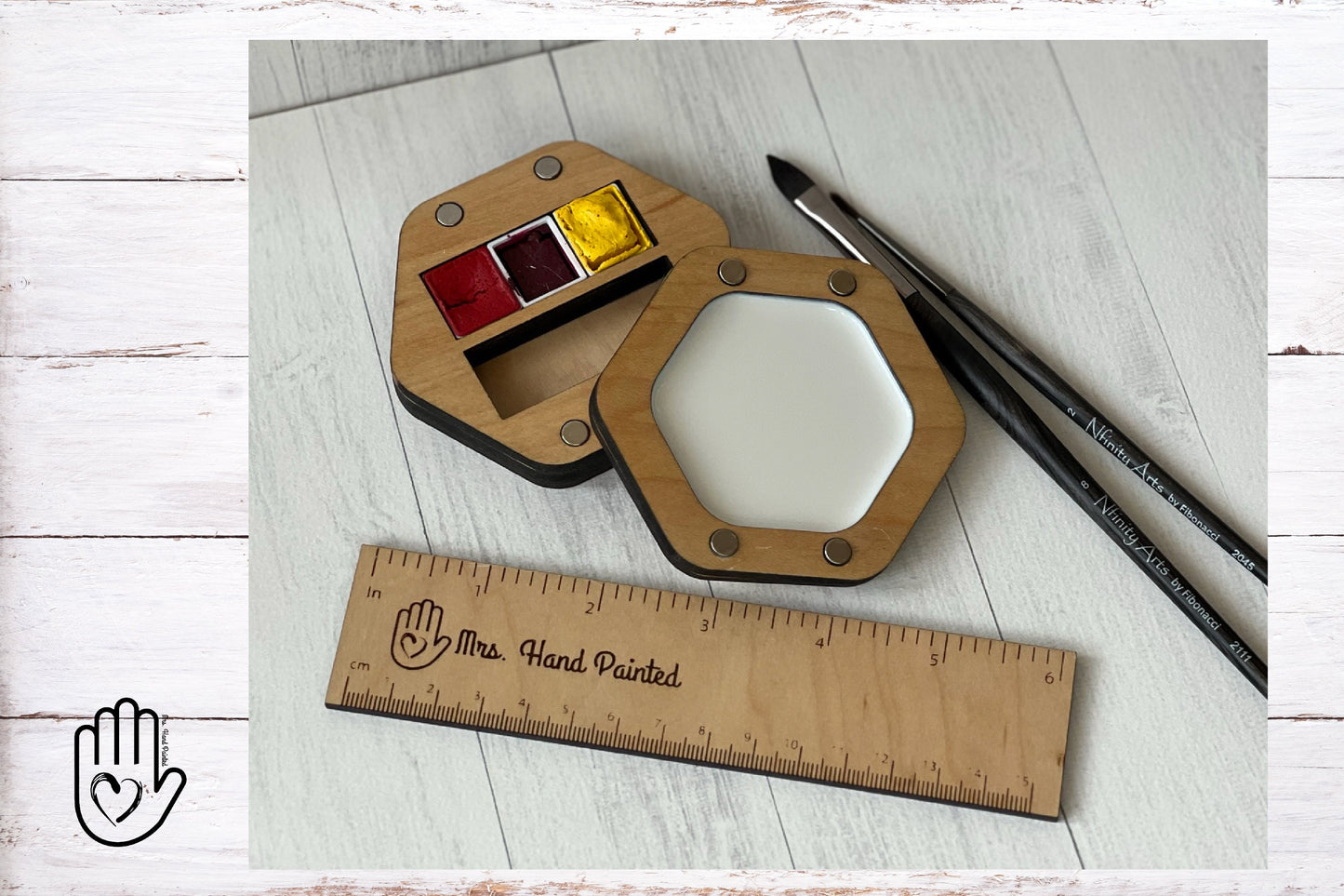 Mini Hexagon Wood Watercolor Palette - Custom Engraved with Hand Drawn Bee and Floral Design