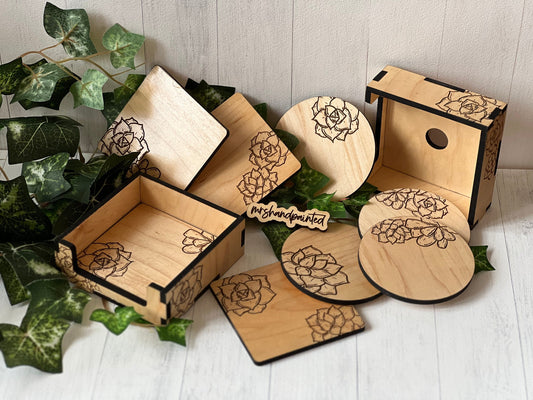 Wood Coaster Set - Laser Engraved Succulents Design