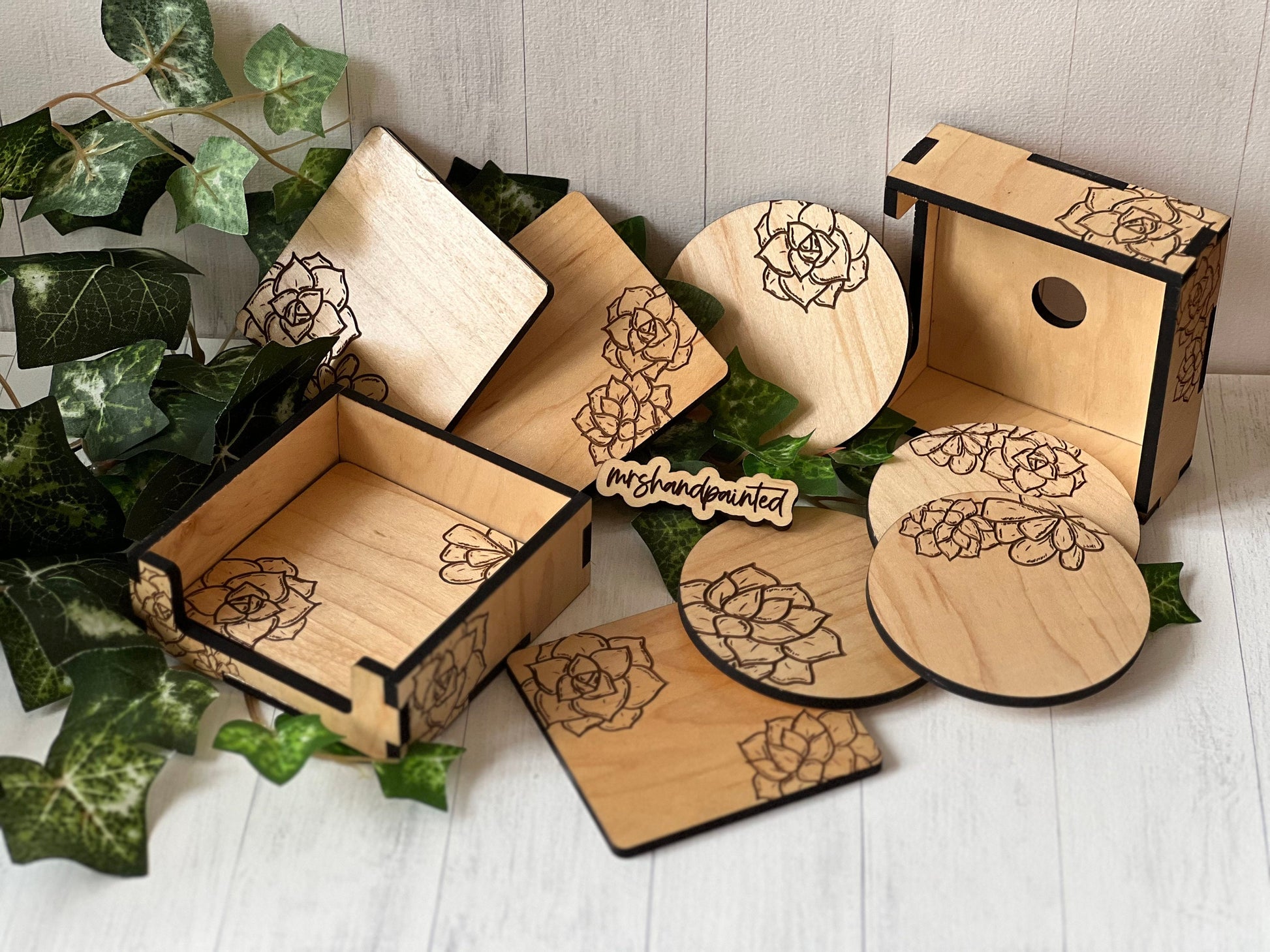 Wood Coaster Set - Laser Engraved Succulents Design