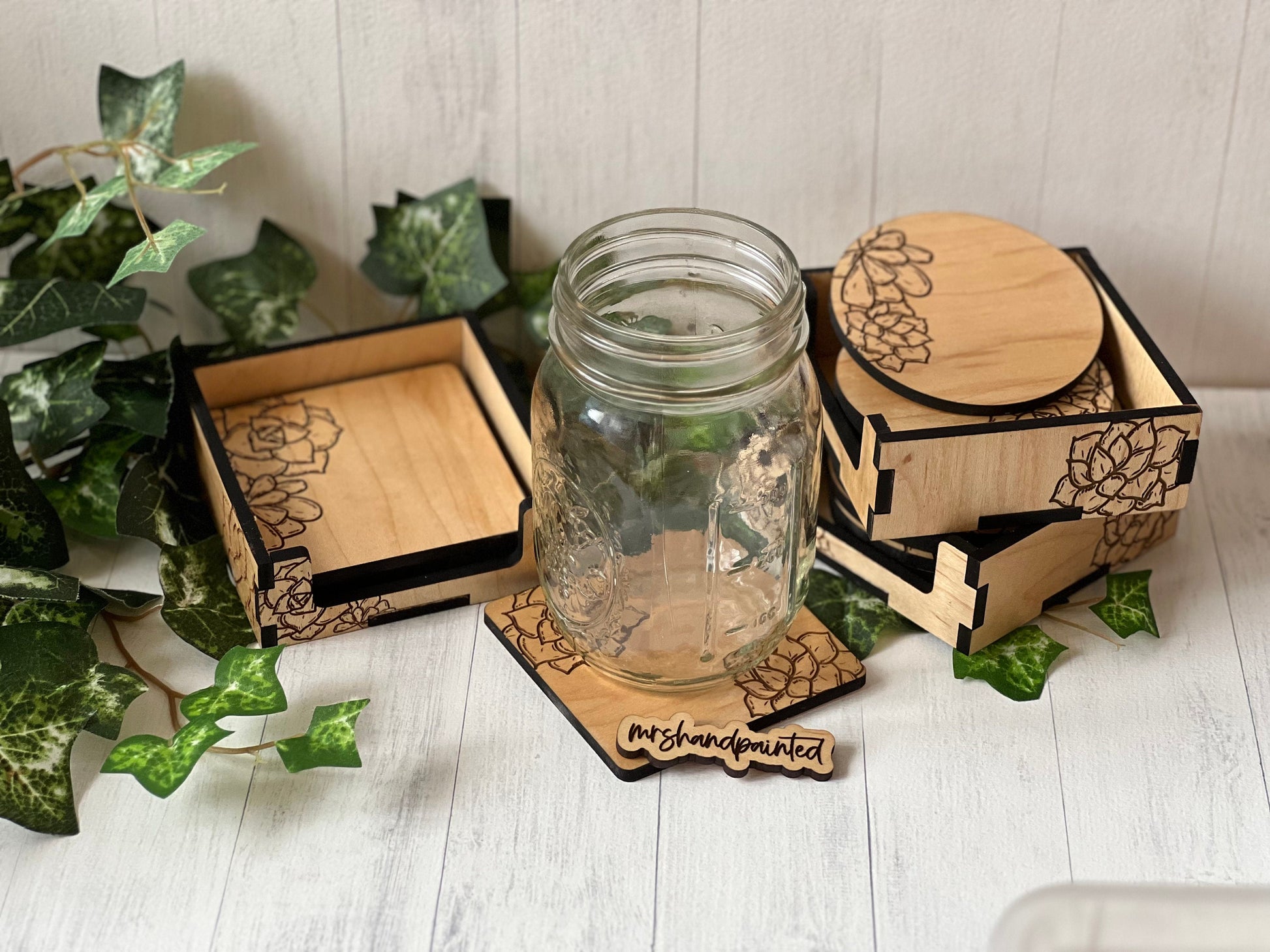 Wood Coaster Set - Laser Engraved Succulents Design