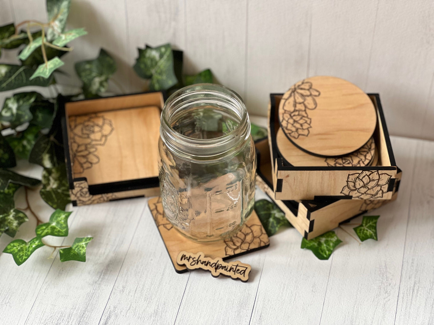Wood Coaster Set - Laser Engraved Succulents Design