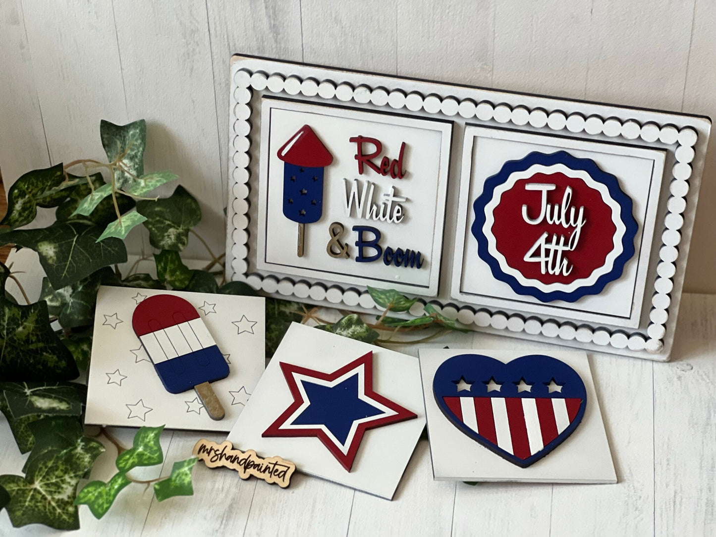 Independence Day / 4th of July Leaning Ladder Interchangeable Signs - Laser Cut Wood Painted