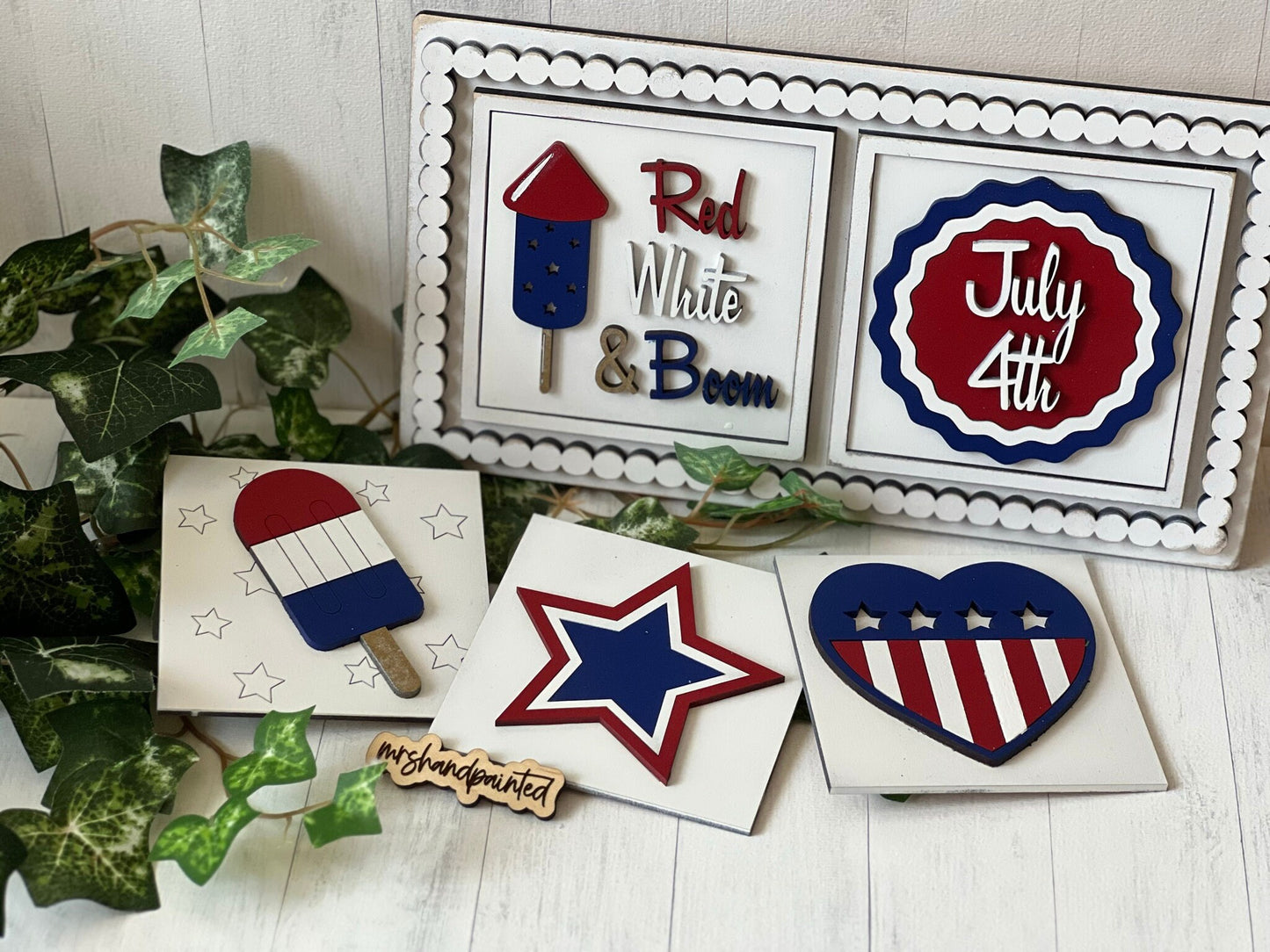 Independence Day / 4th of July Leaning Ladder Interchangeable Signs - Laser Cut Wood Painted