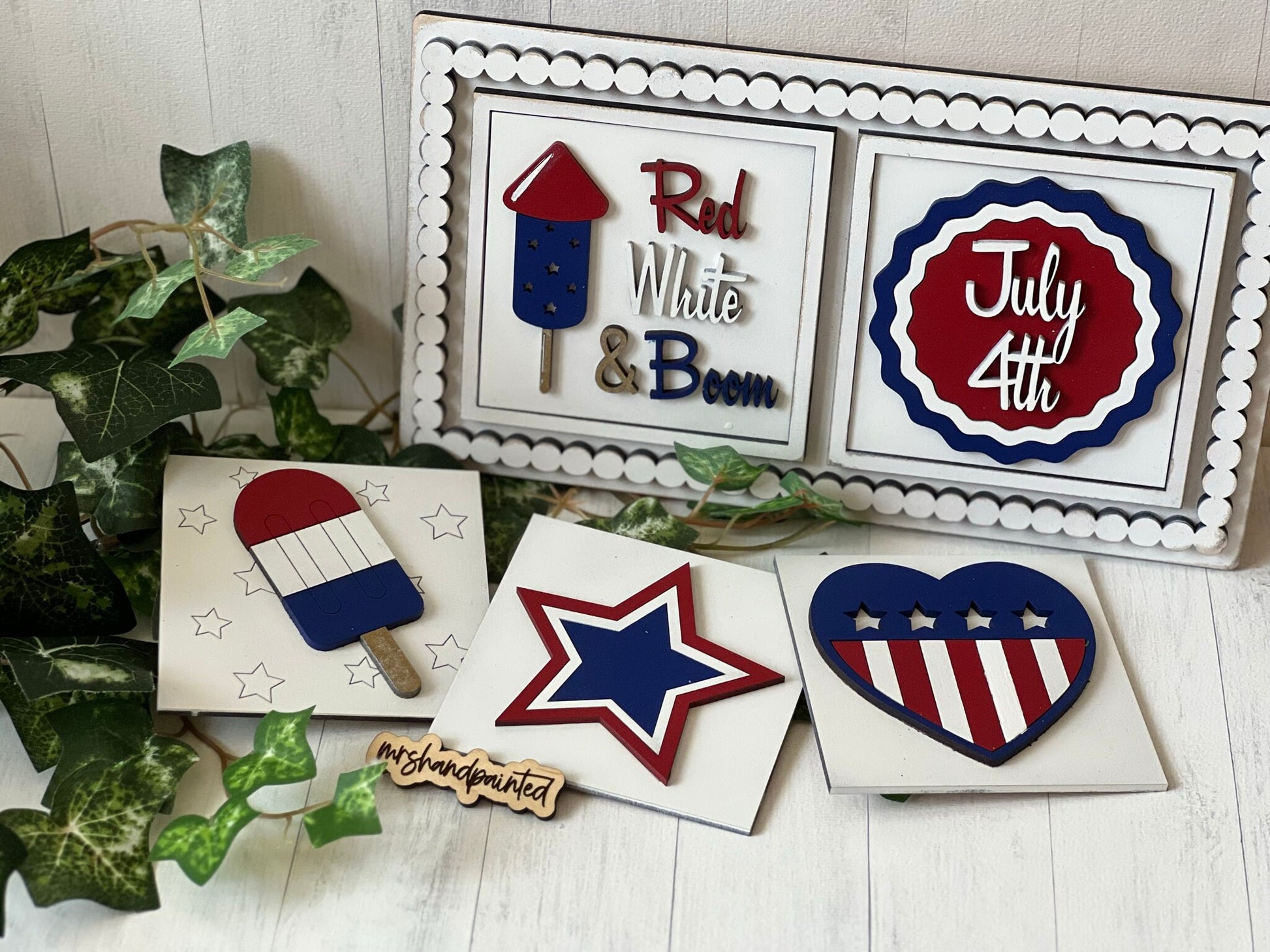 Independence Day / 4th of July Leaning Ladder Interchangeable Signs - Laser Cut Wood Painted
