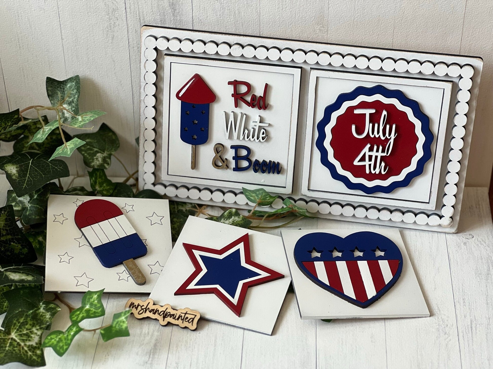 Independence Day / 4th of July Leaning Ladder Interchangeable Signs - Laser Cut Wood Painted