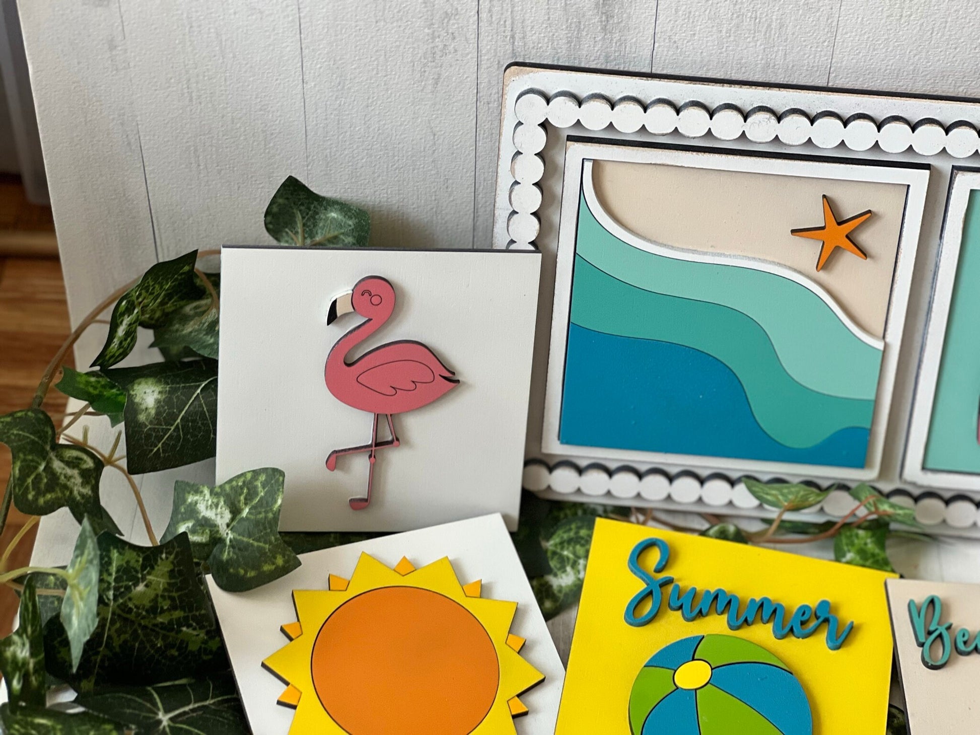 Beach Vibes / Summer Leaning Ladder Interchangeable Signs - Laser Cut Wood Painted