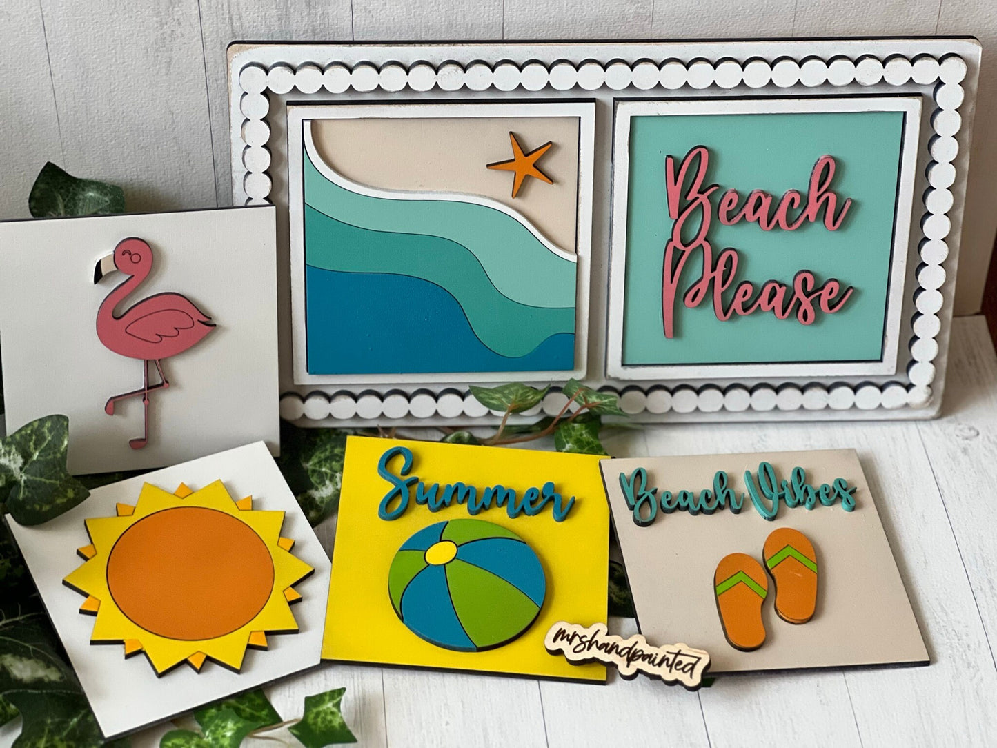 Beach Vibes / Summer Leaning Ladder Interchangeable Signs - Laser Cut Wood Painted