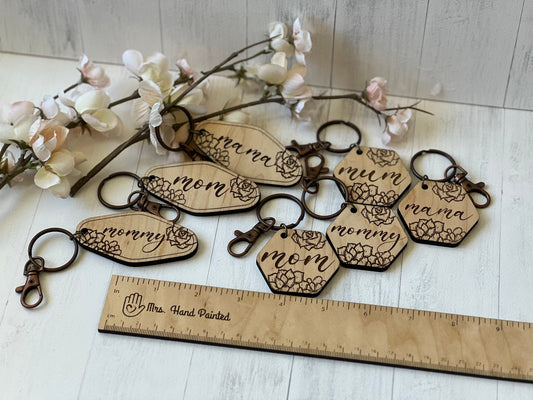 Laser Engraved Wood Mom Keychain - Succulents Artwork - Mother's Day