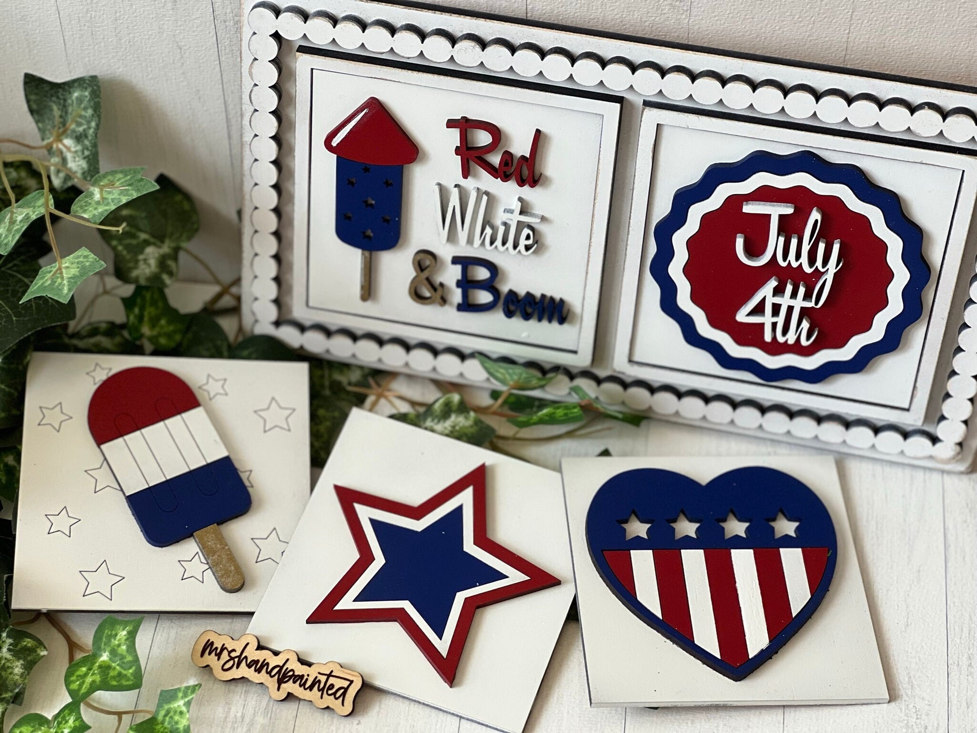 Independence Day / 4th of July Leaning Ladder Interchangeable Signs - Laser Cut Wood Painted