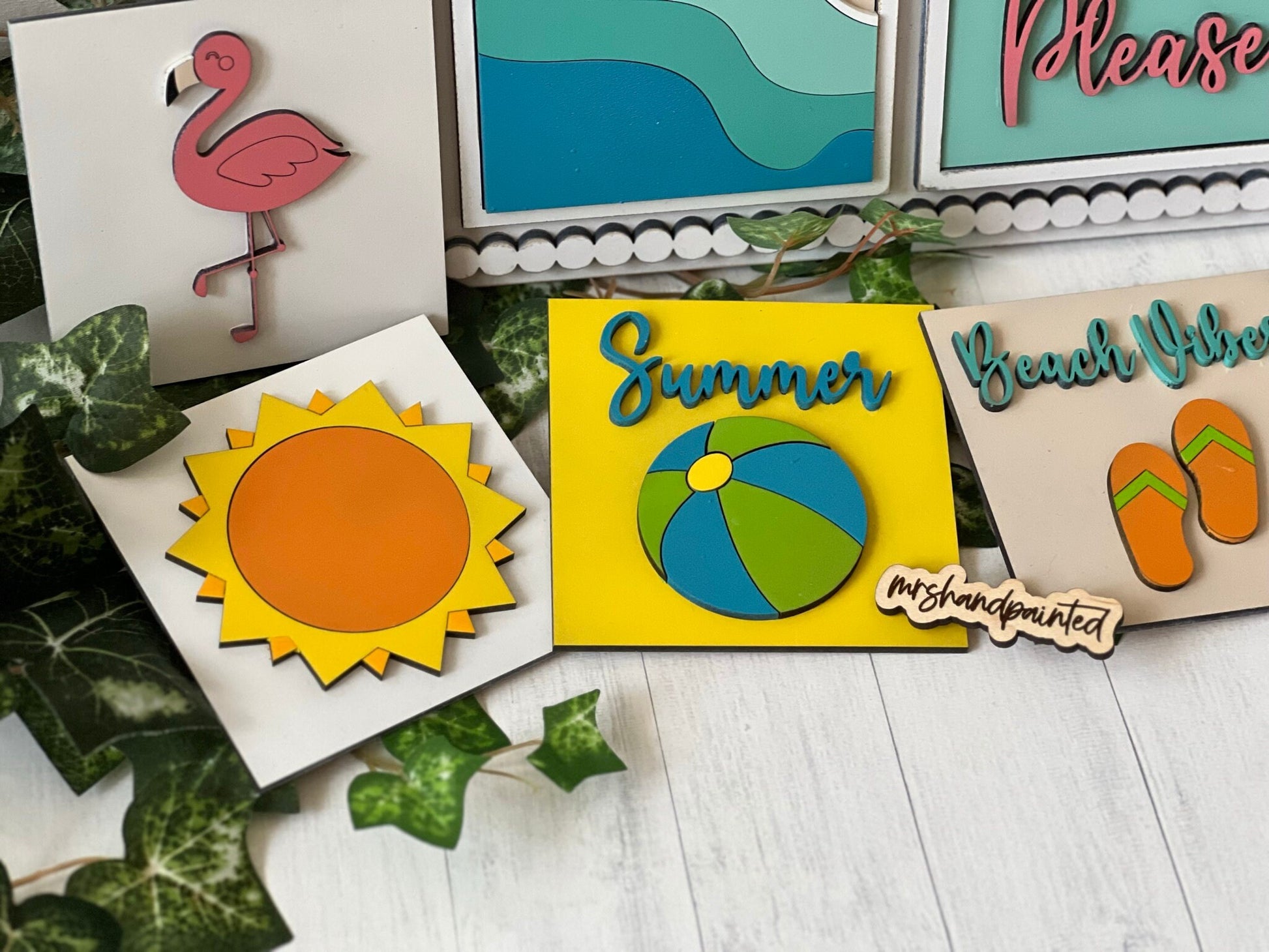 Beach Vibes / Summer Leaning Ladder Interchangeable Signs - Laser Cut Wood Painted