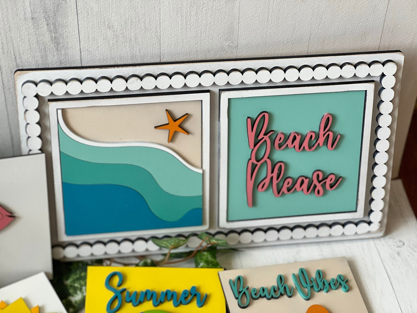 Beach Vibes / Summer Leaning Ladder Interchangeable Signs - Laser Cut Wood Painted