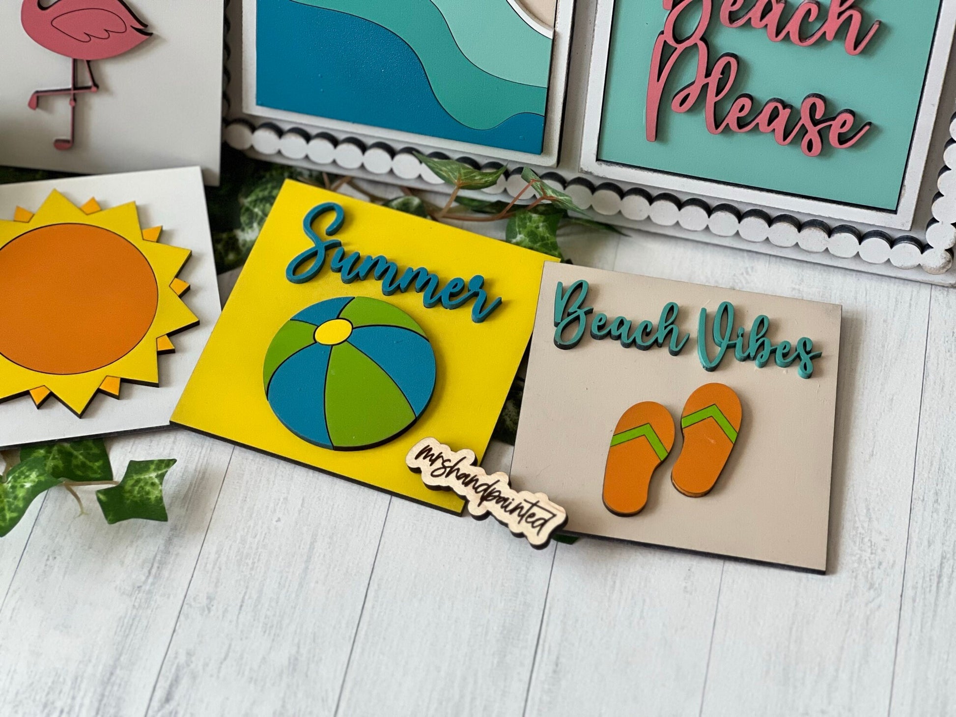 Beach Vibes / Summer Leaning Ladder Interchangeable Signs - Laser Cut Wood Painted