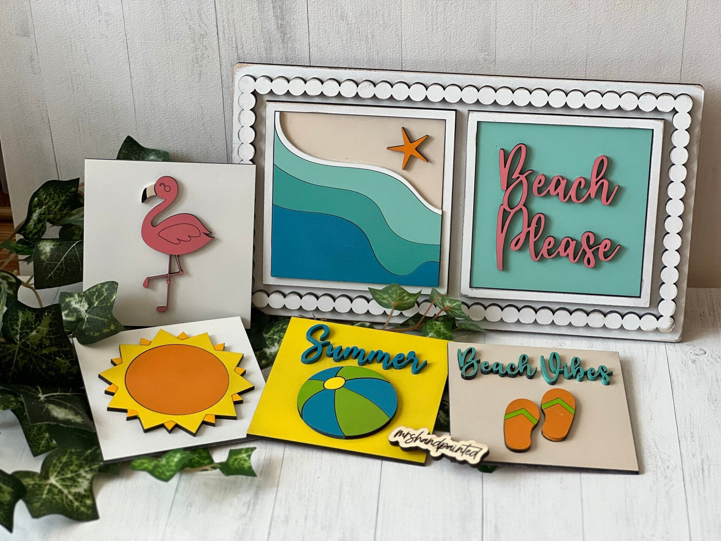 Beach Vibes / Summer Leaning Ladder Interchangeable Signs - Laser Cut Wood Painted