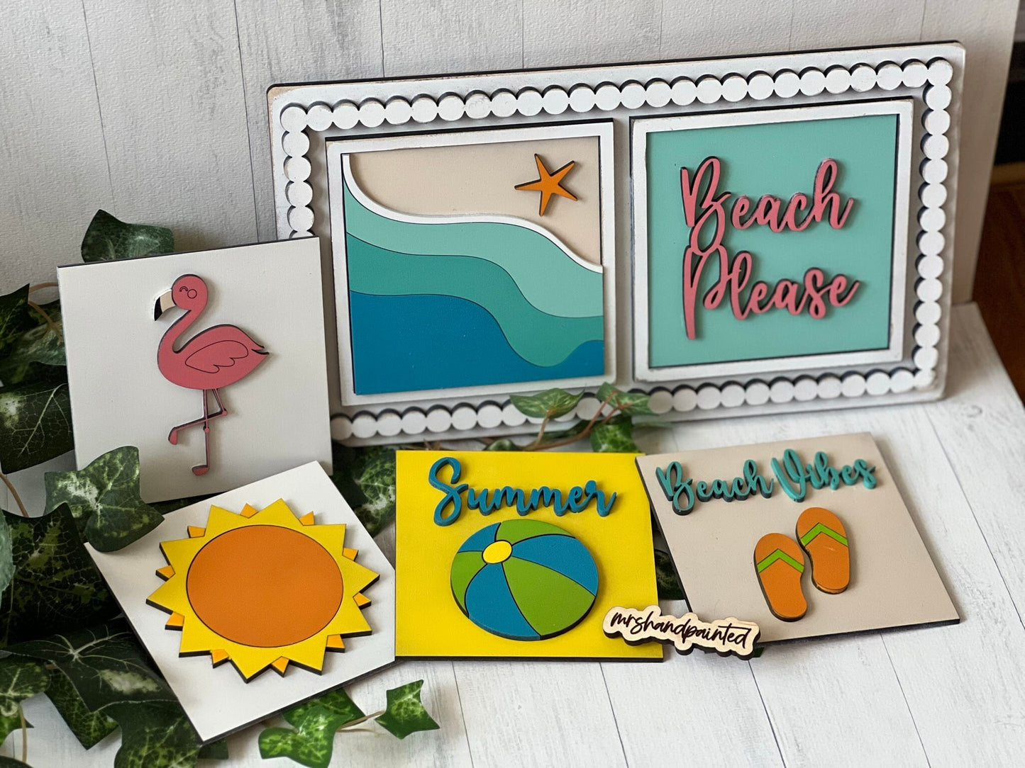Beach Vibes / Summer Leaning Ladder Interchangeable Signs - Laser Cut Wood Painted