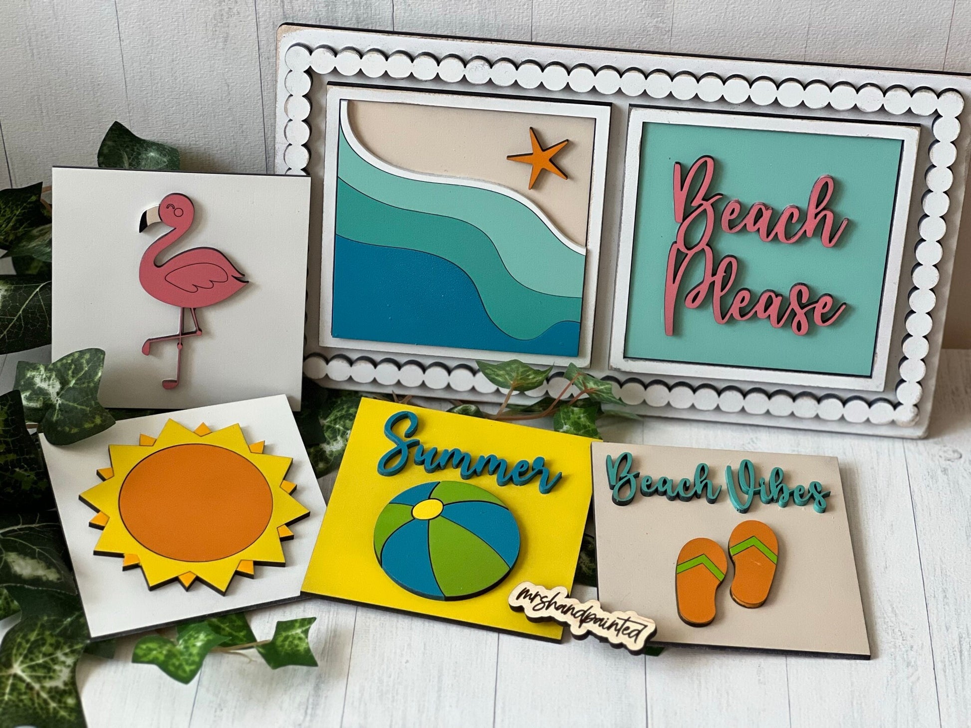 Beach Vibes / Summer Leaning Ladder Interchangeable Signs - Laser Cut Wood Painted