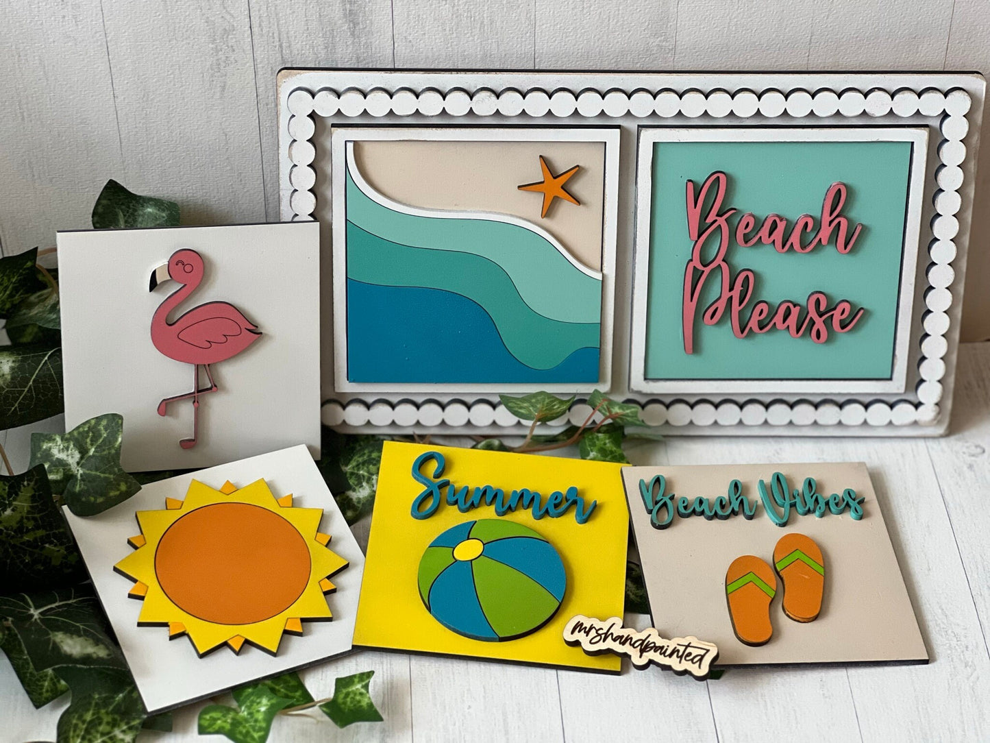 Beach Vibes / Summer Leaning Ladder Interchangeable Signs - Laser Cut Wood Painted