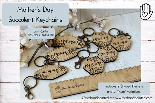 Laser Cut File - Succulent Engraved Mother's Day Keychains - Digital Download SVG, AI files