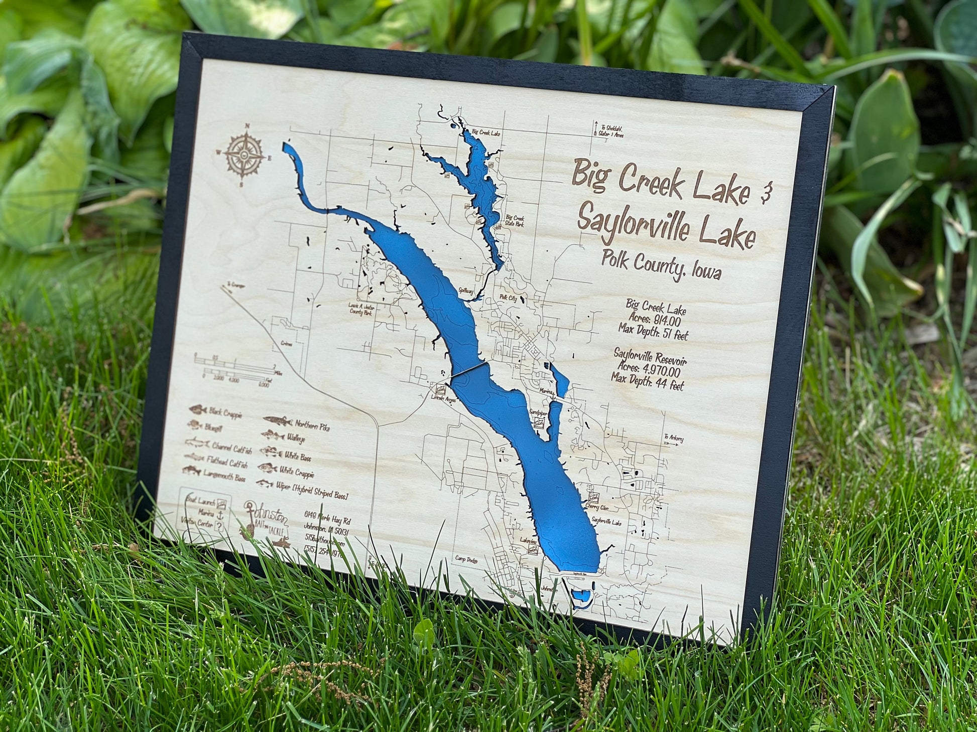 Laser Cut Engraved Wood Lake Map - Saylorville Lake and Big Creek Lake - Des Moines Iowa