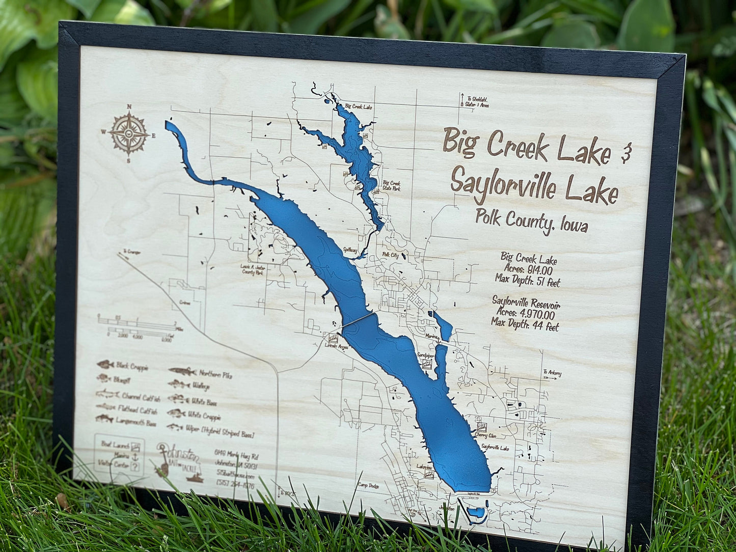 Laser Cut Engraved Wood Lake Map - Saylorville Lake and Big Creek Lake - Des Moines Iowa