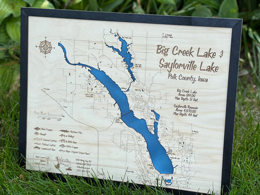 Laser Cut Engraved Wood Lake Map - Saylorville Lake and Big Creek Lake - Des Moines Iowa