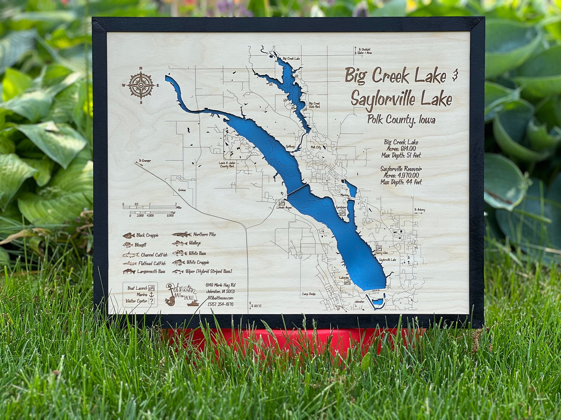 Laser Cut Engraved Wood Lake Map - Saylorville Lake and Big Creek Lake - Des Moines Iowa