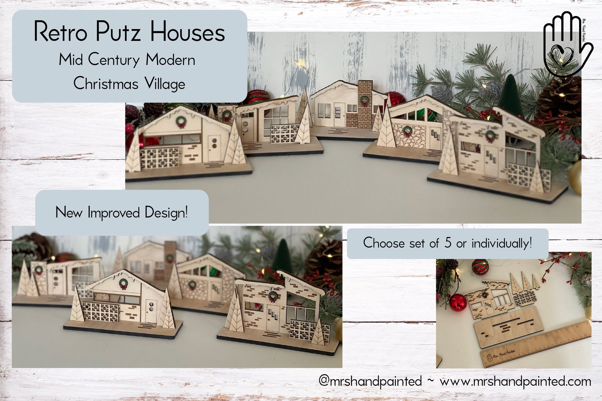 Mid Century Modern Retro Snowy Christmas Putz House Village - Laser Cut Wood
