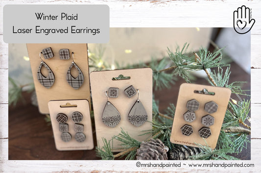 Winter Plaid Laser Engraved Wood Earring Collection