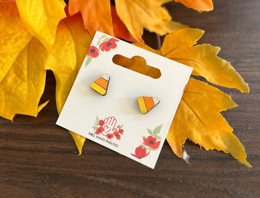 Mini Candy Corn Laser Engraved Wood Stud Earrings