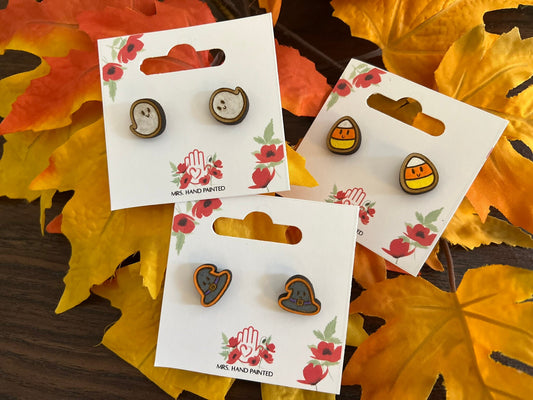 Cute Halloween Laser Engraved Wood Stud Earrings