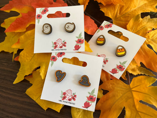 Cute Halloween Laser Engraved Wood Stud Earrings