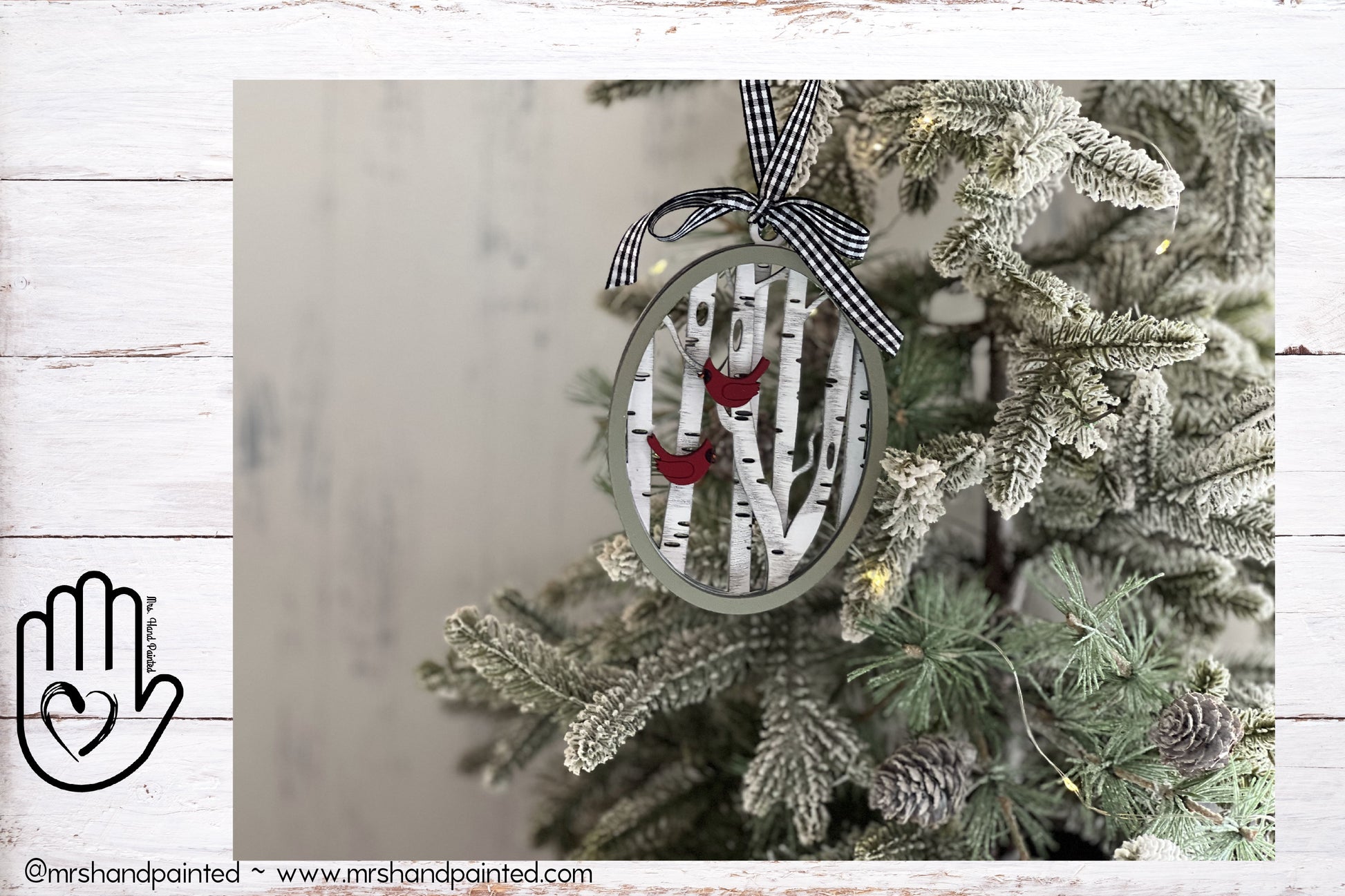 Digital Cut File - Laser Cut Ornament - Cardinal Birch Trees Oval