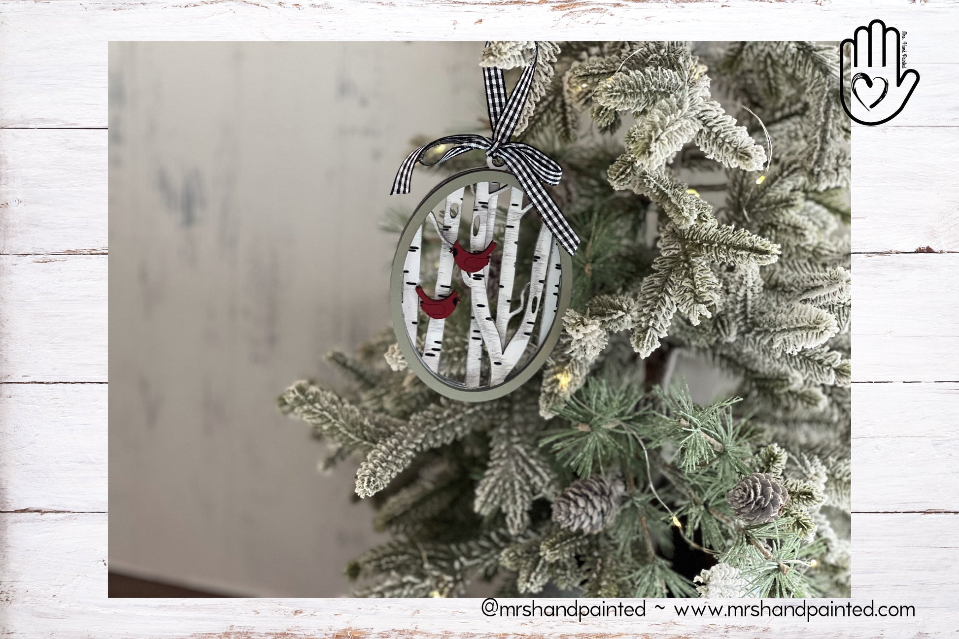 Digital Cut File - Laser Cut Ornament - Cardinal Birch Trees Oval