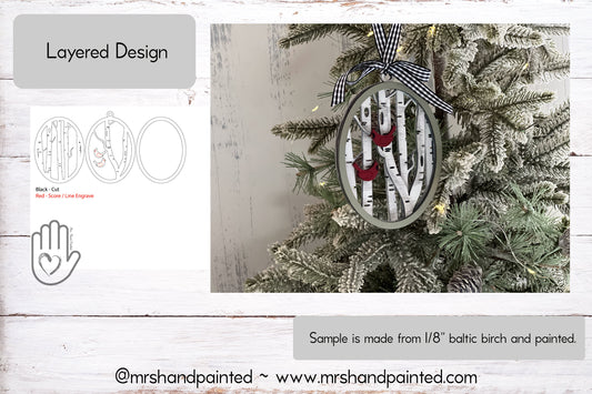 Digital Cut File - Laser Cut Ornament - Cardinal Birch Trees Oval