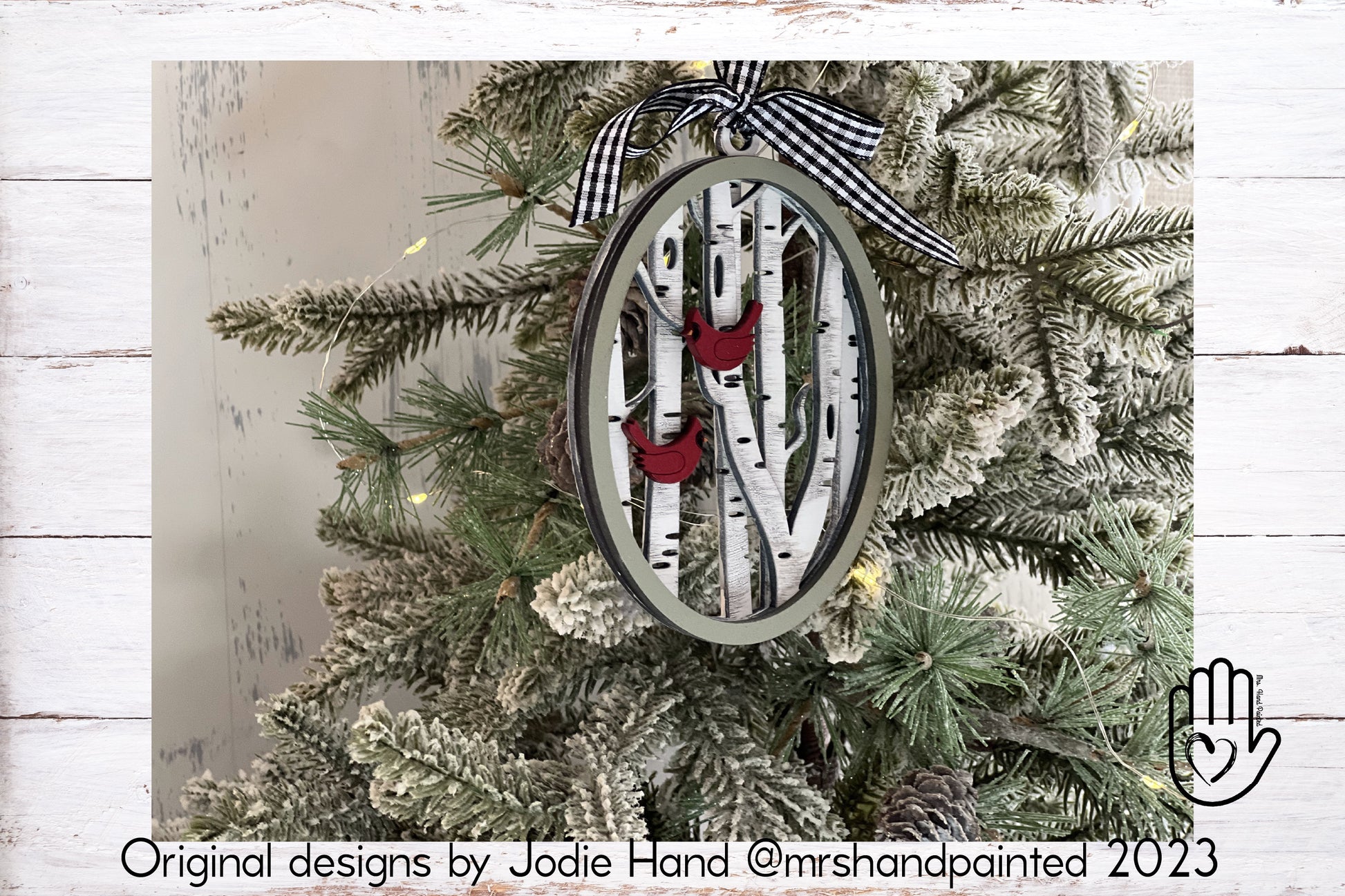 Digital Cut File - Laser Cut Ornament - Cardinal Birch Trees Oval