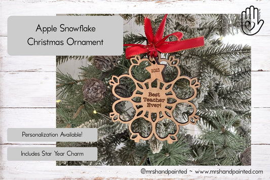 Laser Cut Wood Apple Snowflake Ornament - Personalized Teacher Gift
