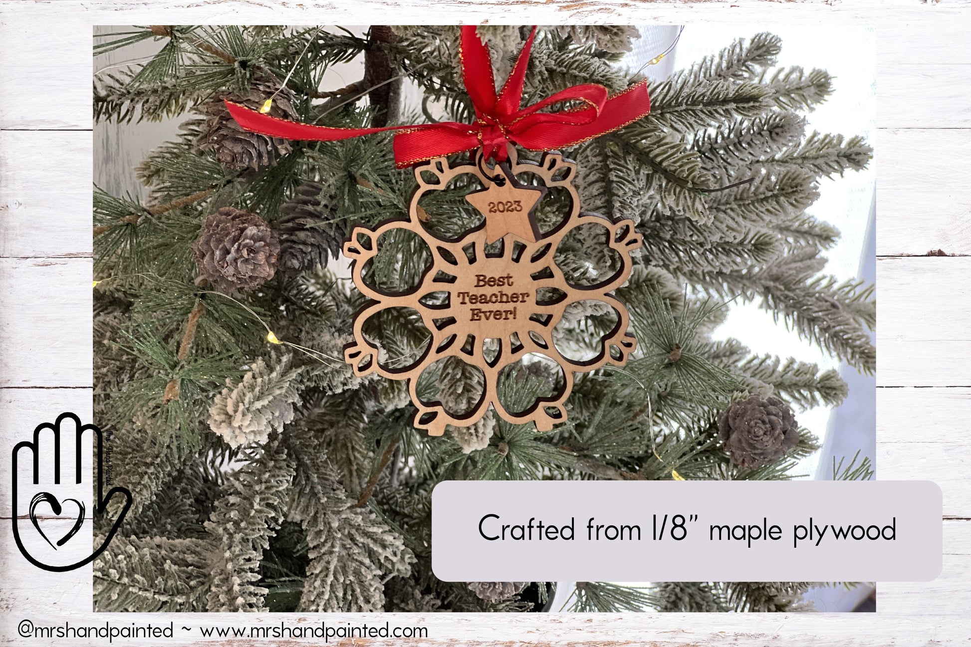 Laser Cut Wood Apple Snowflake Ornament - Personalized Teacher Gift