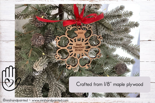 Laser Cut Wood Apple Snowflake Ornament - Personalized Teacher Gift