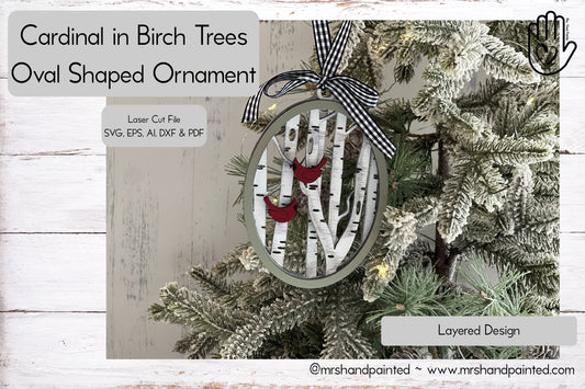 Digital Cut File - Laser Cut Ornament - Cardinal Birch Trees Oval