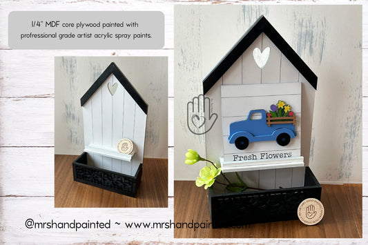 Laser Cut File -House with Basket Sign Tile Holder ~ Interchangeable Sign Backer - Digital Download