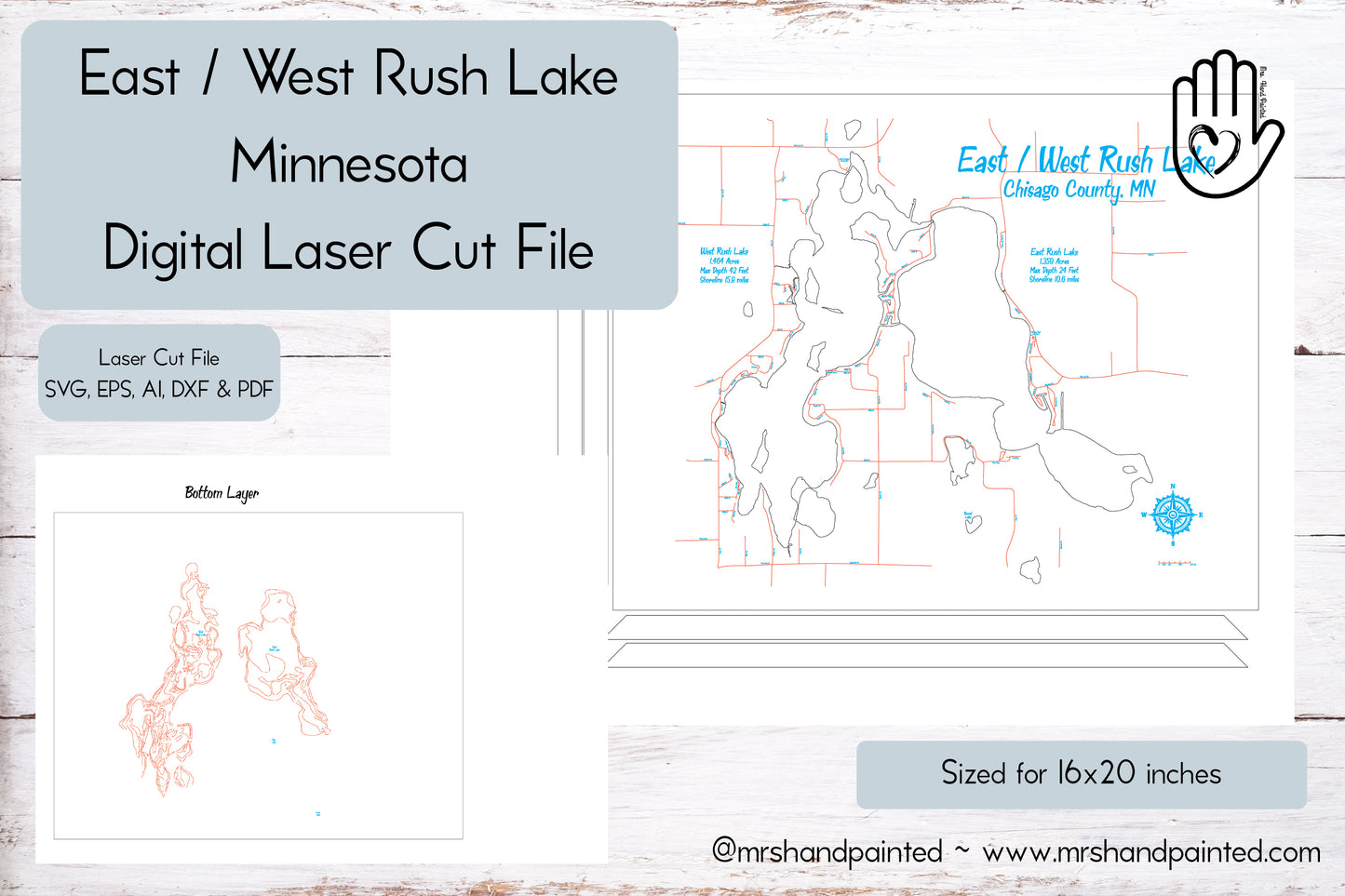 East West Rush Lake Minnesota - Laser Engraved Map File