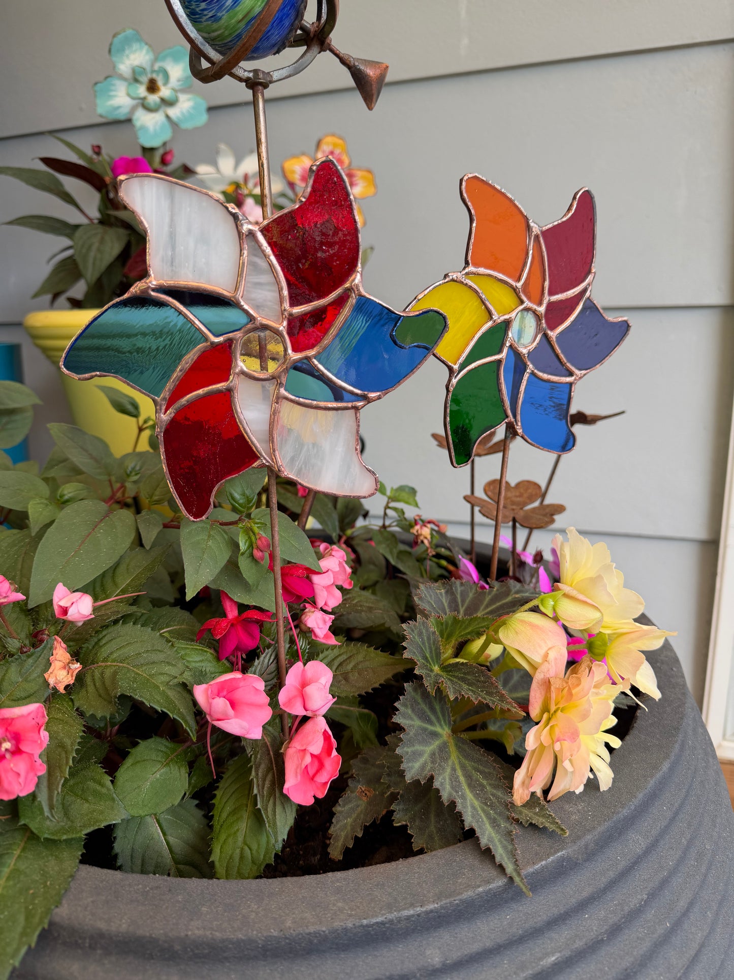 Stained glass pinwheel plant stake