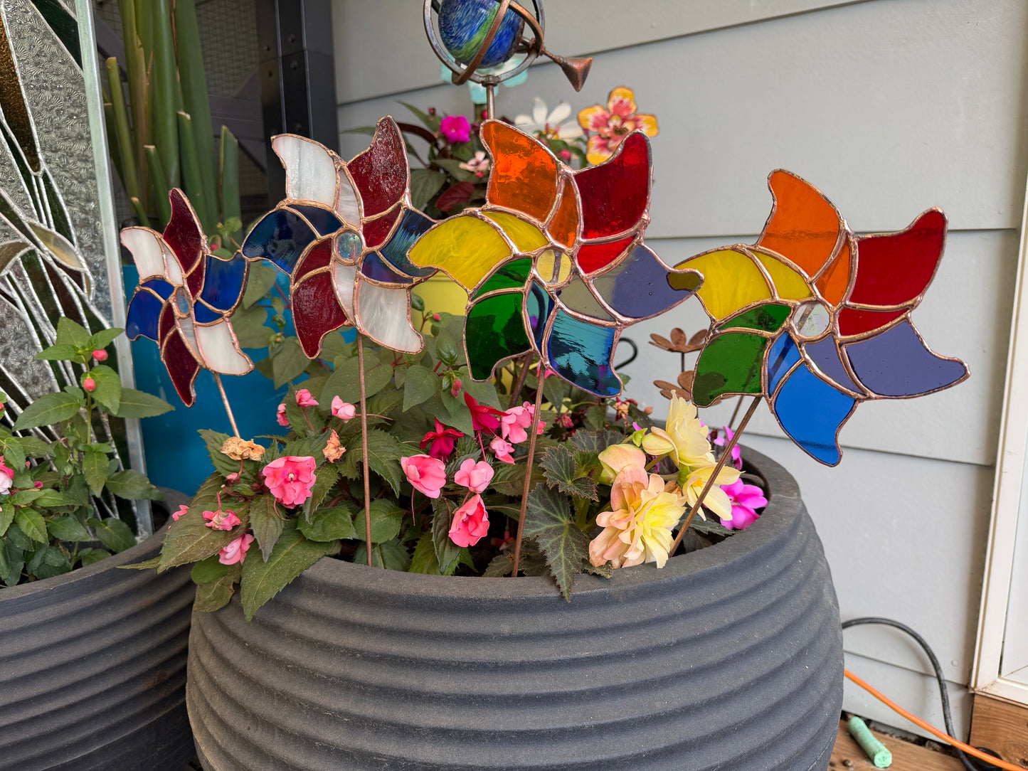 Stained glass pinwheel plant stake