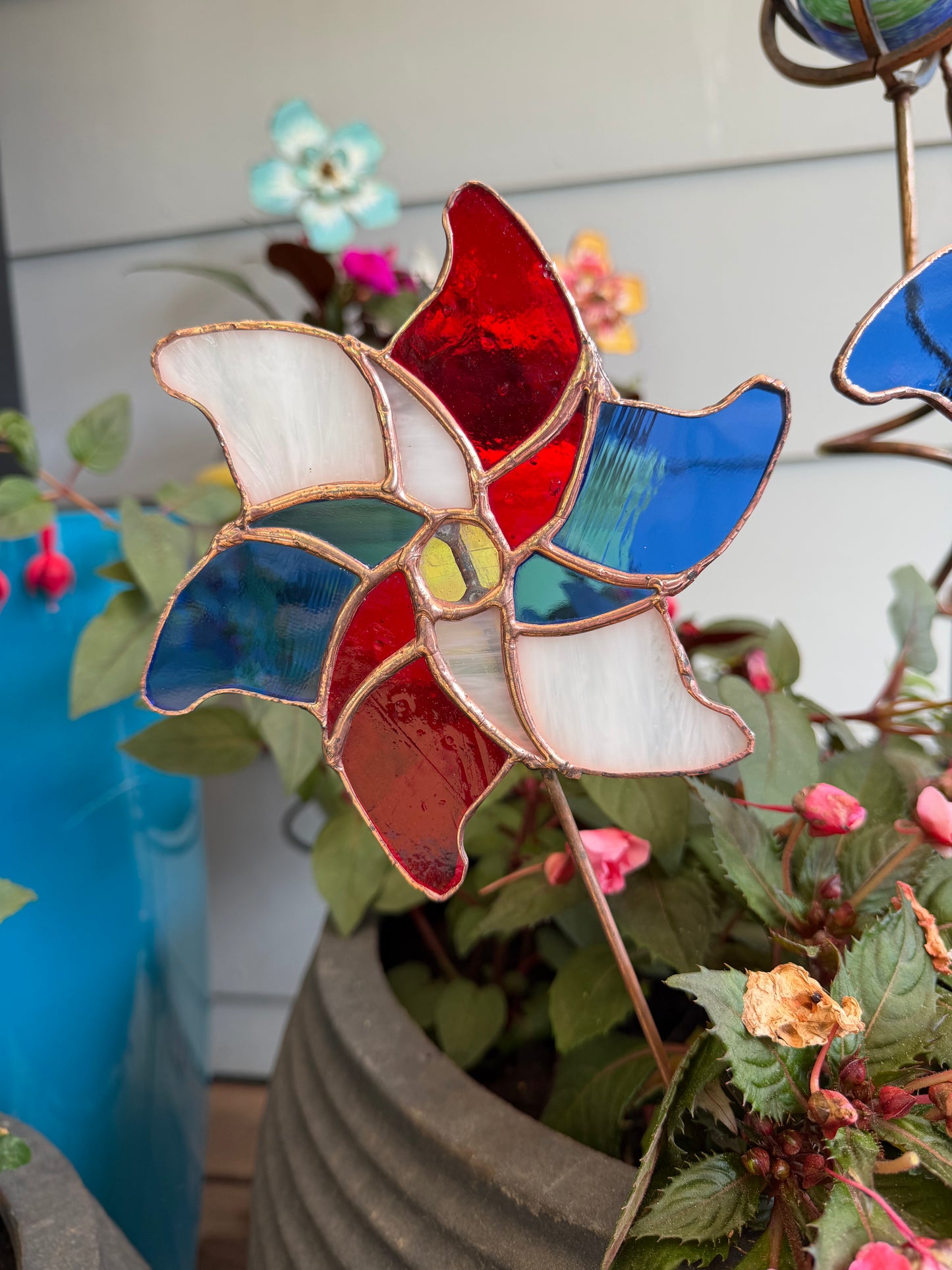 Stained glass pinwheel plant stake