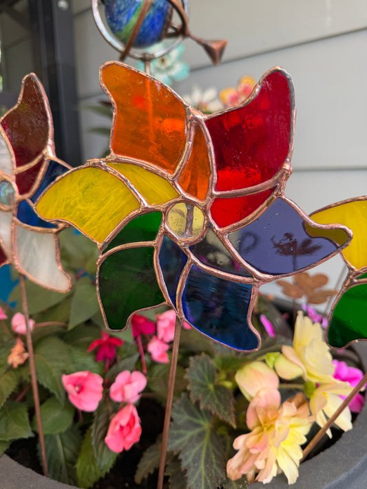 Stained glass pinwheel plant stake
