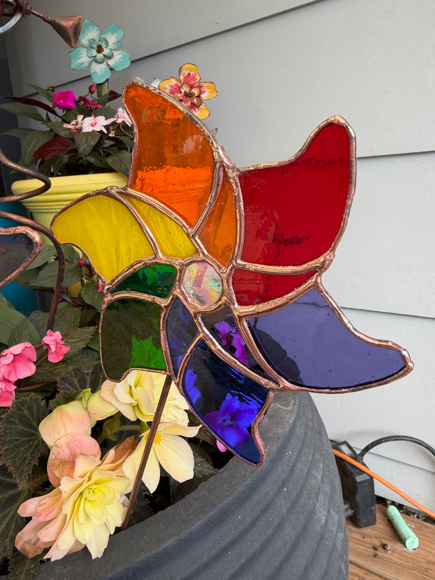Stained glass pinwheel plant stake
